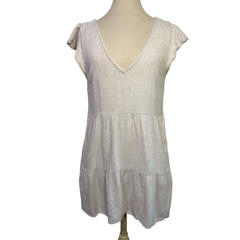 Abercrombie & Fitch Womens Oatmeal Linen Blend Tiered V Neck Mini Dress Small